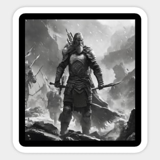 A Black and Gray apocalyptic Viking Battle in Valhalla with a Viking Warrior with a spear and a sword. Sticker